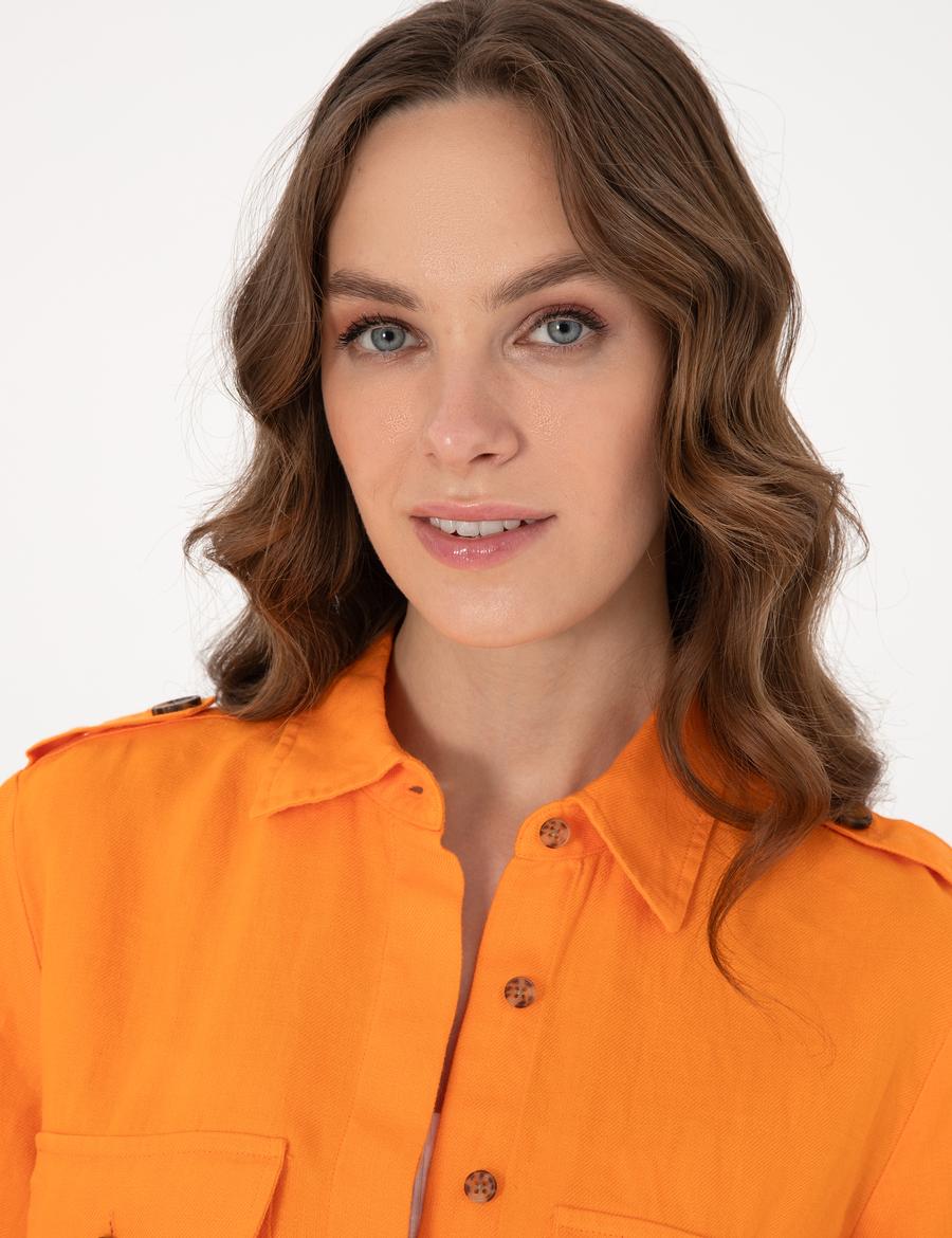 Turuncu Comfort Fit Uzun Kollu Keten Gömlek