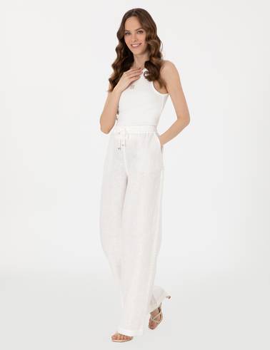 Beyaz Loose Fit Keten Pantolon