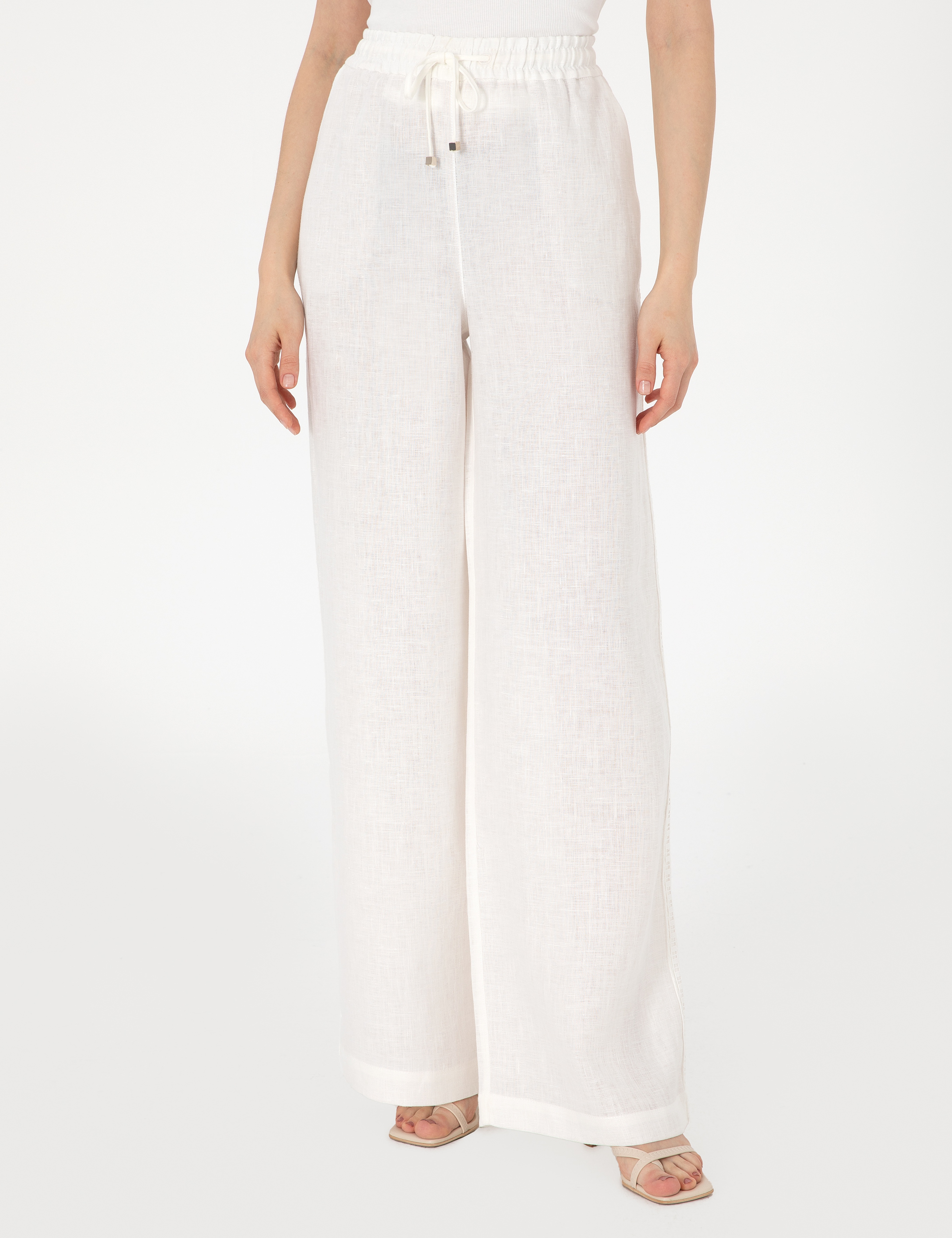 Beyaz Loose Fit Keten Pantolon - Image 2
