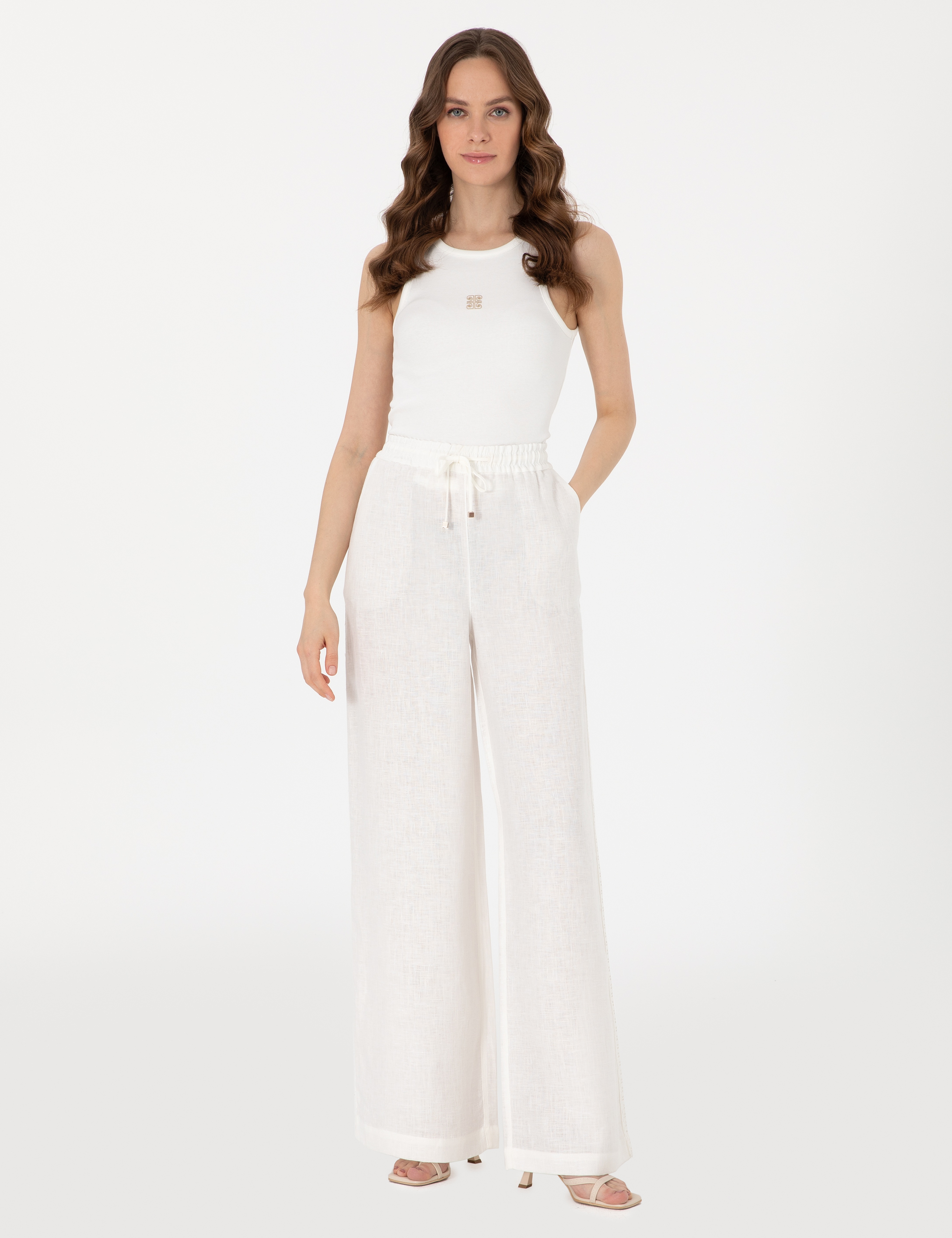 Beyaz Loose Fit Keten Pantolon - Image 1