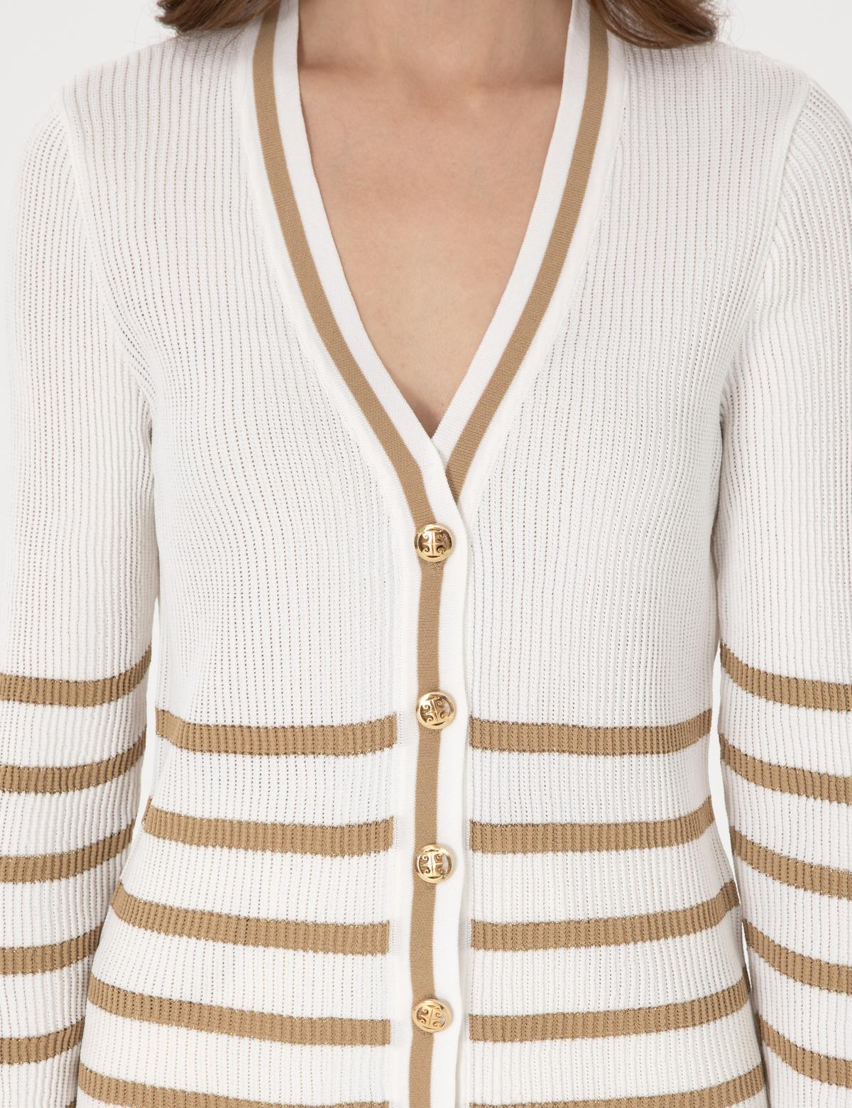 Ekru Slim Fit Çizgili Triko Hırka - 50301159003