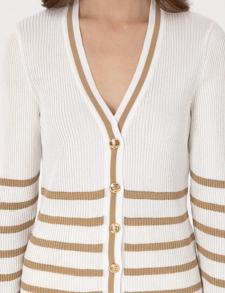 Ekru Slim Fit Çizgili Triko Hırka - 50301159003