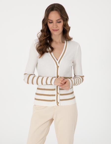 Ekru Slim Fit Çizgili Triko Hırka - 50301159003