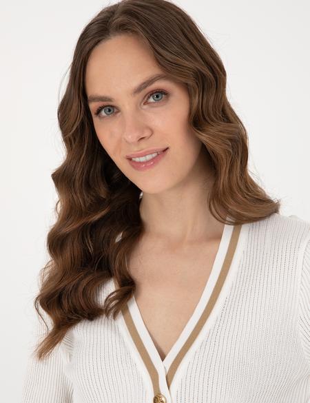 Ekru Slim Fit Çizgili Triko Hırka - 50301159003