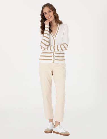 Ekru Slim Fit Çizgili Triko Hırka