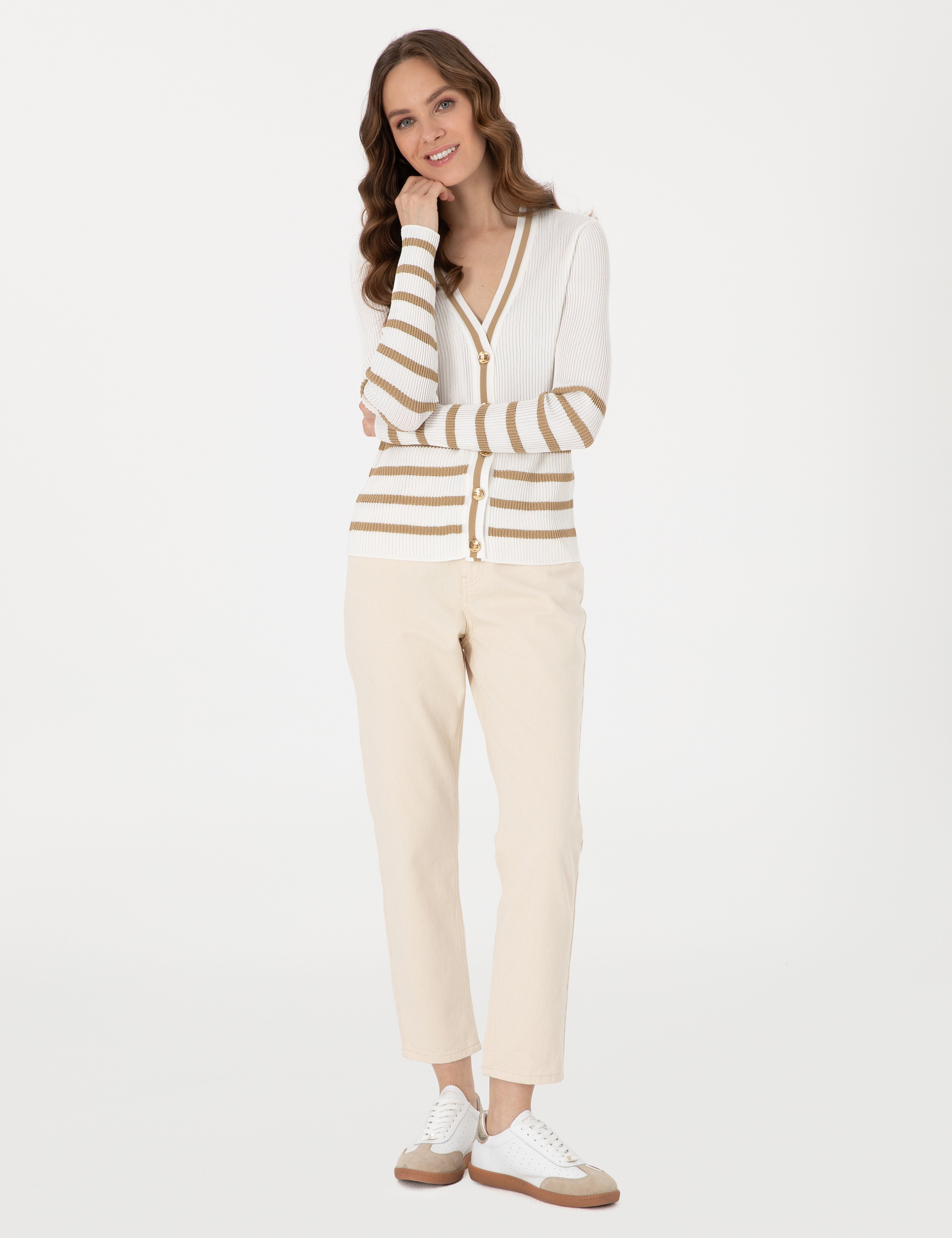 Ekru Slim Fit Çizgili Triko Hırka