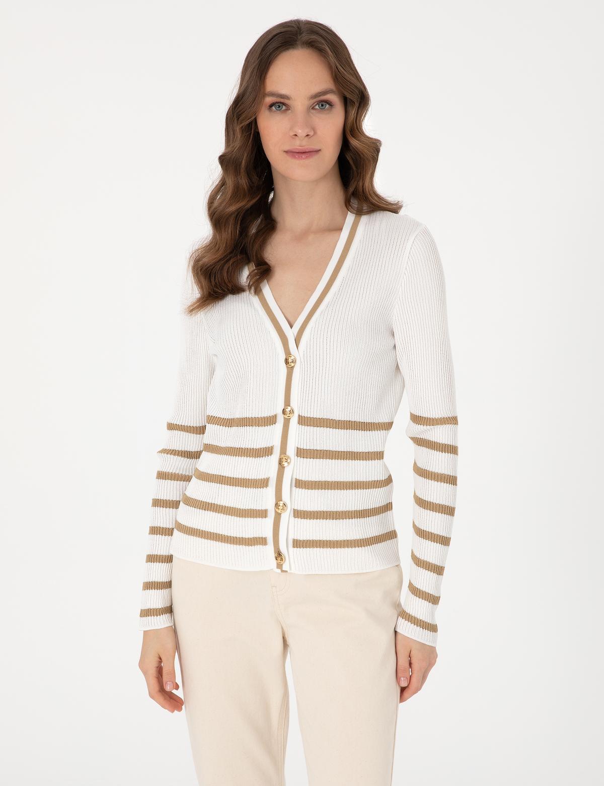 Ekru Slim Fit Çizgili Triko Hırka