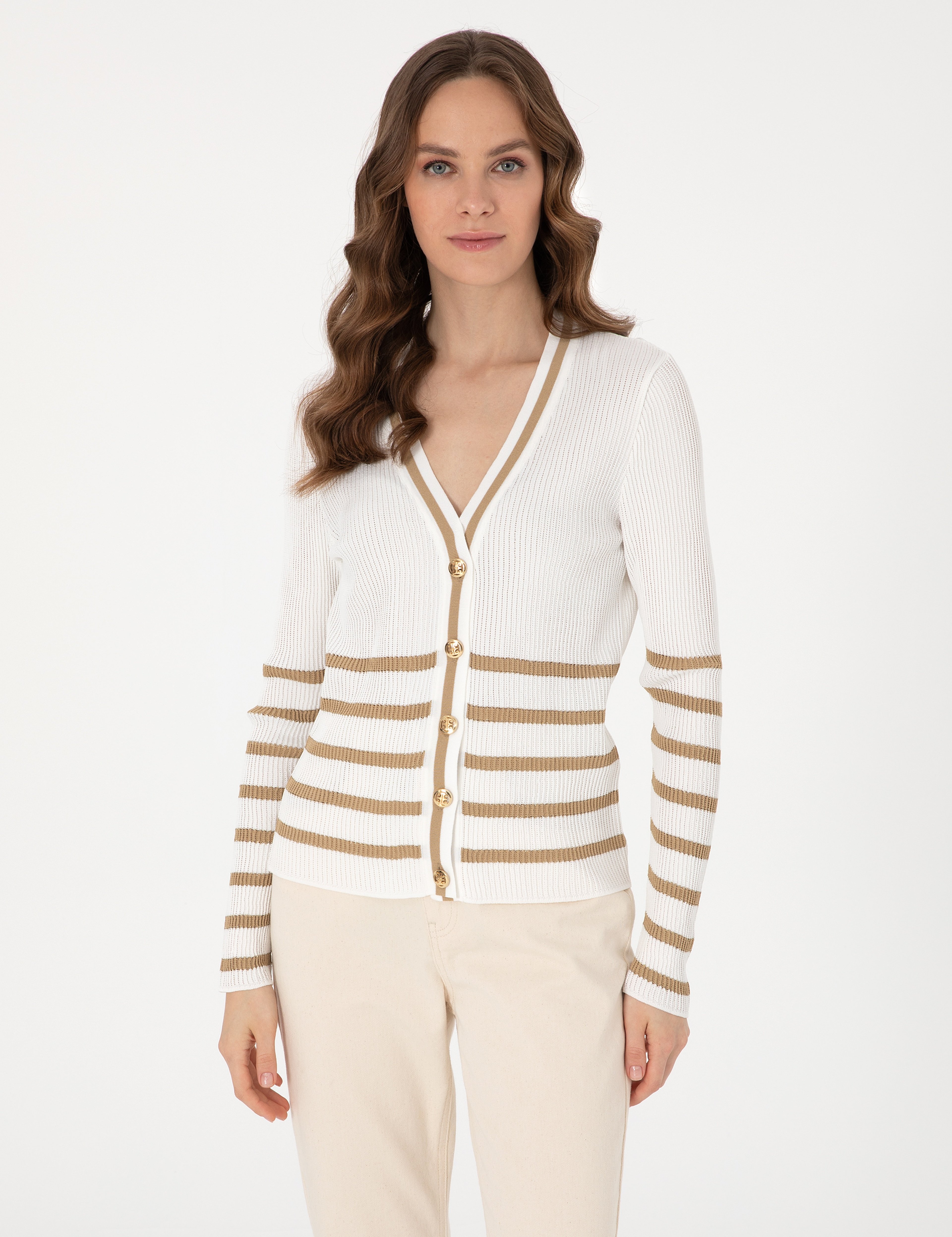Ekru Slim Fit Çizgili Triko Hırka - Image 1