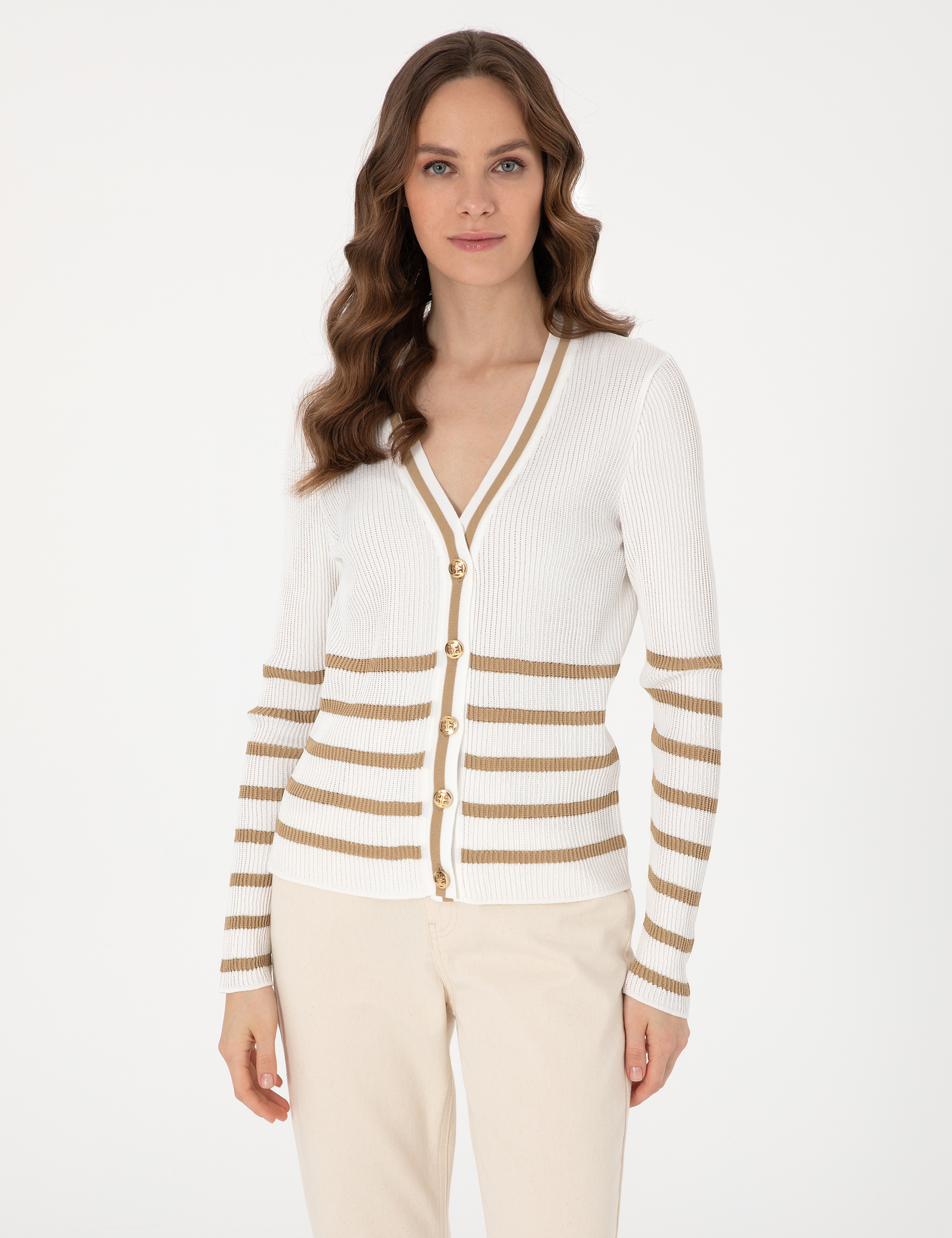 Ekru Slim Fit Çizgili Triko Hırka