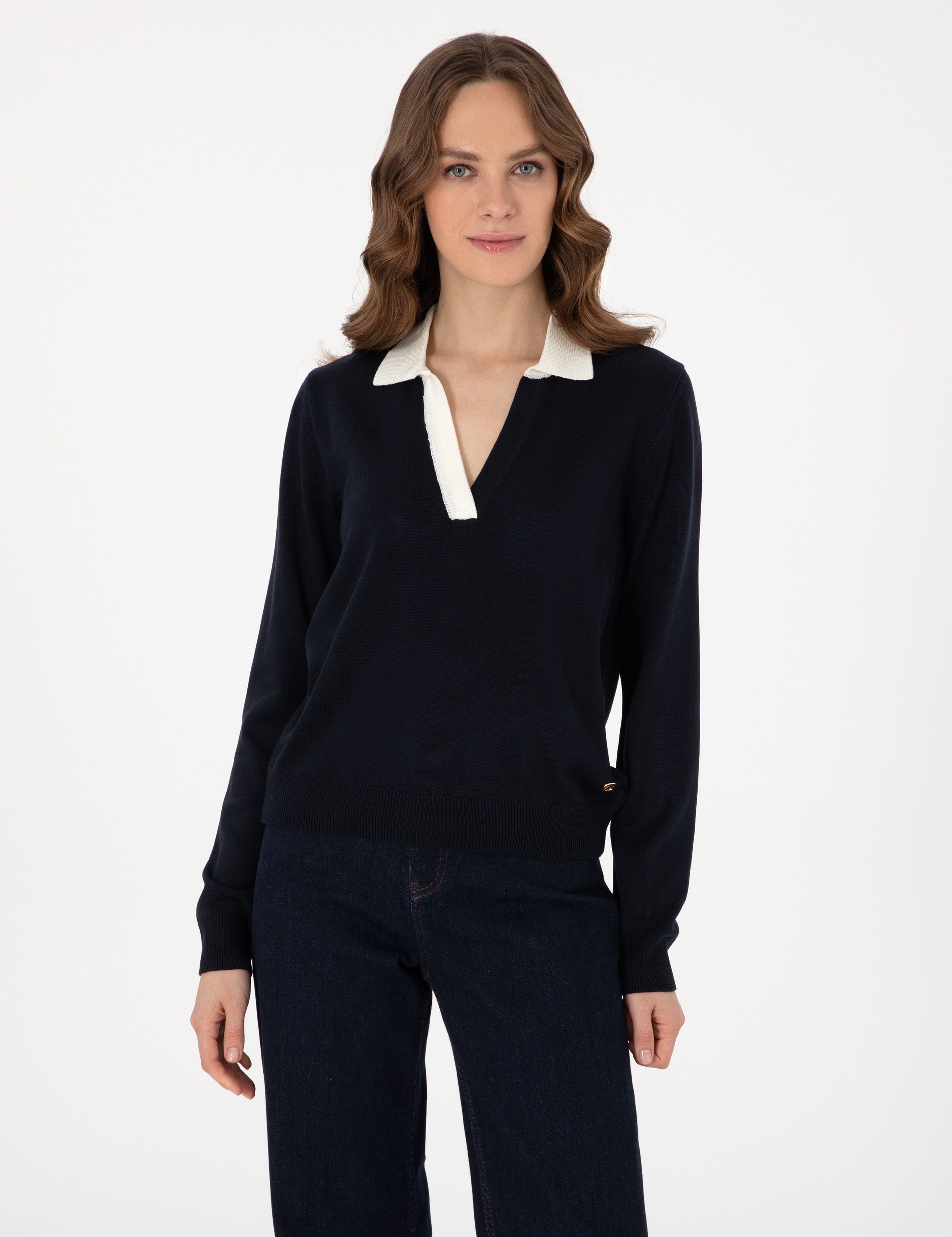 Lacivert Slim Fit Polo Yaka Kazak - Image 1