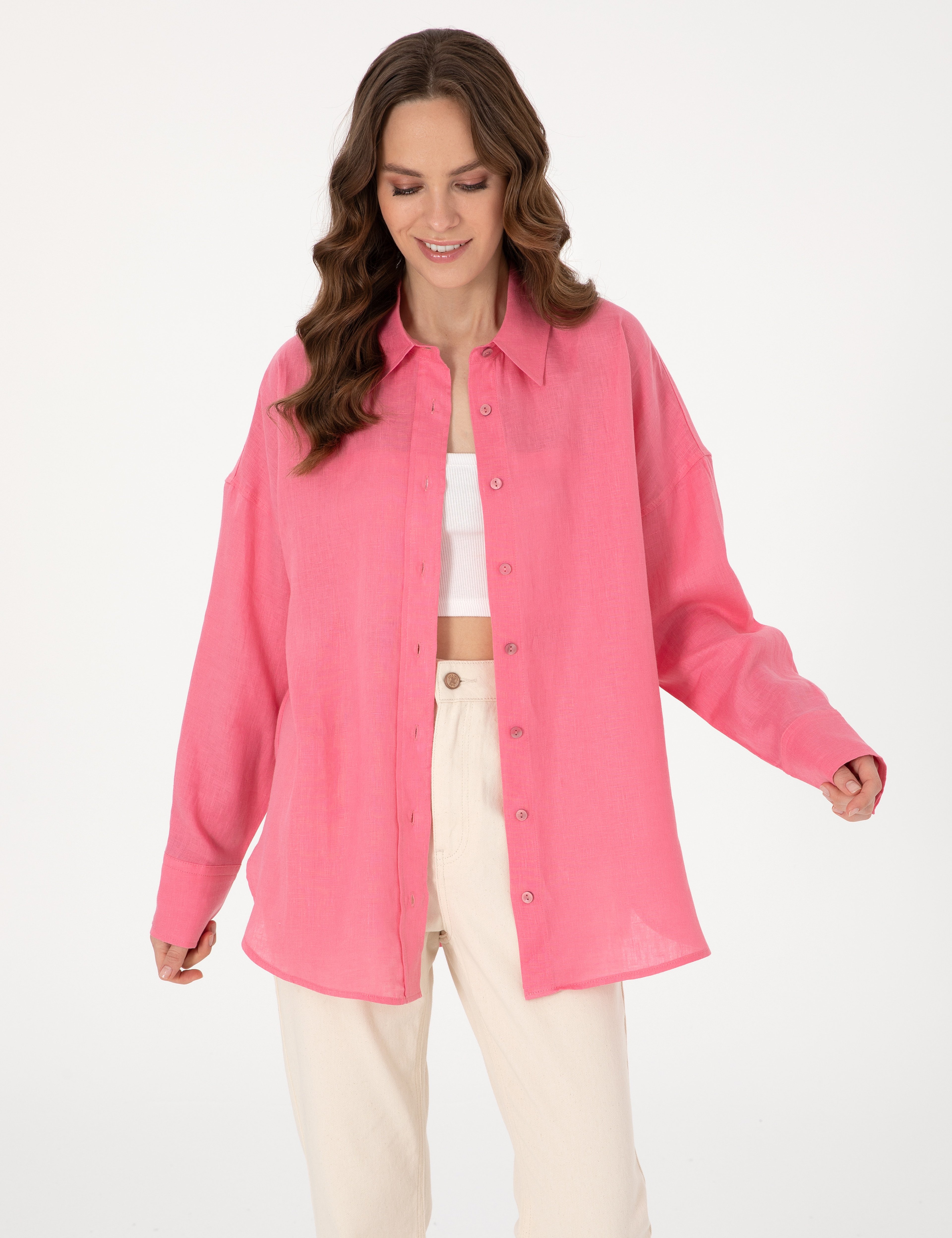 Pembe Oversize Uzun Kollu %100 Keten Gömlek