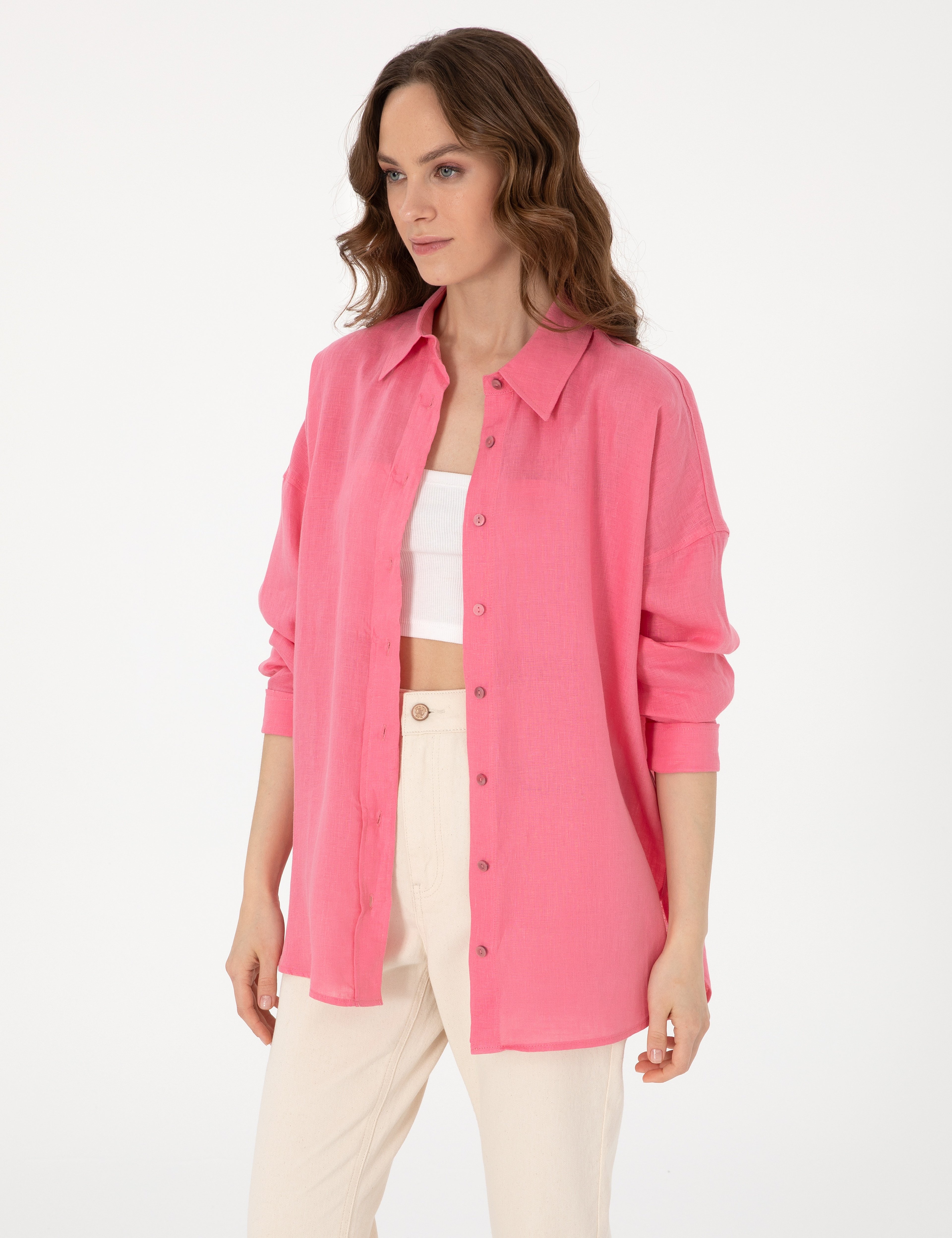 Pembe Oversize Uzun Kollu %100 Keten Gömlek - Image 1