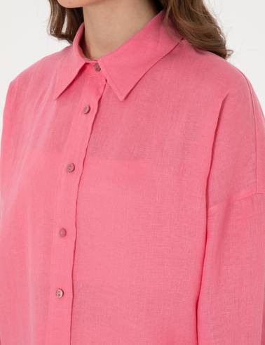 Pembe Oversize Uzun Kollu %100 Keten Gömlek