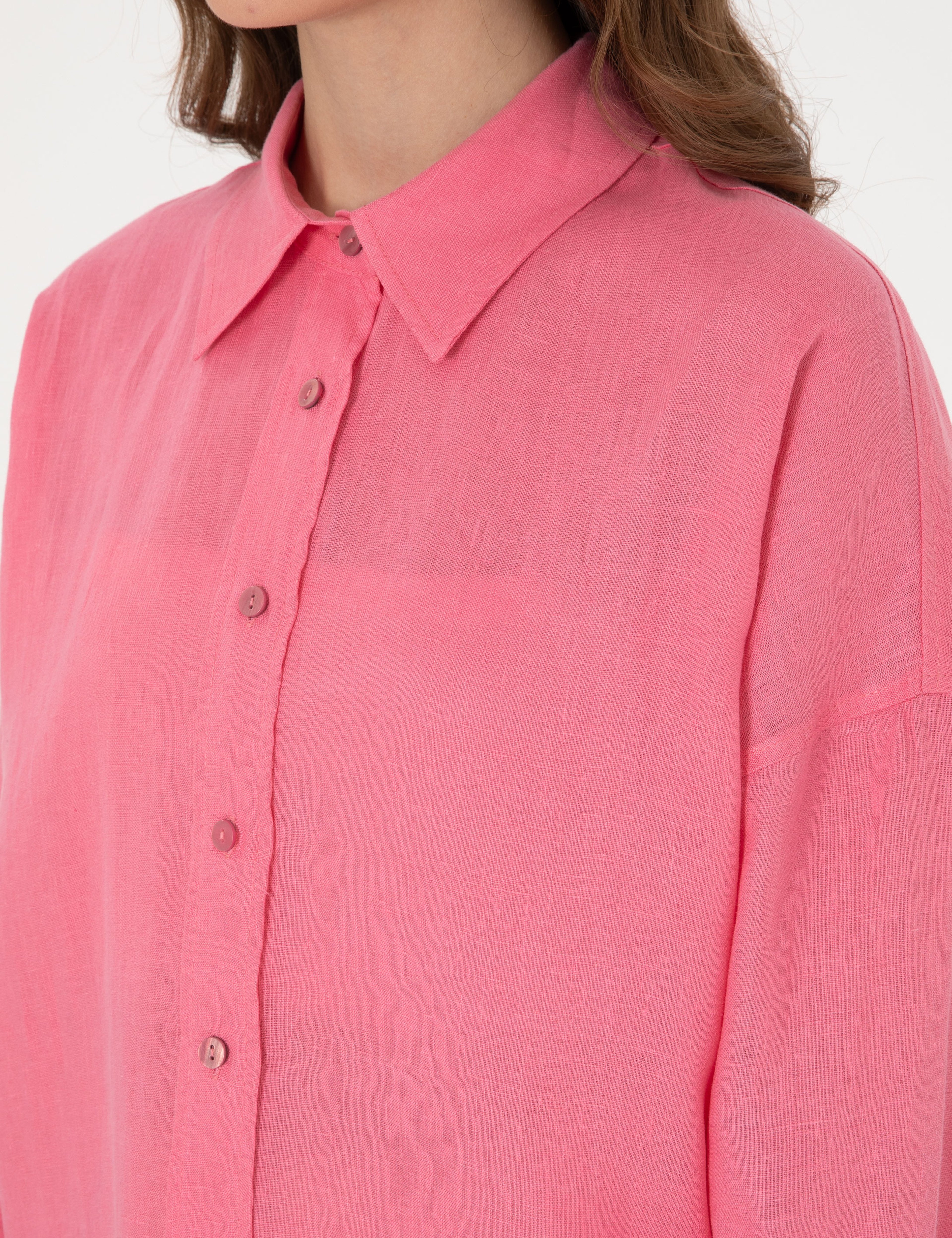 Pembe Oversize Uzun Kollu %100 Keten Gömlek