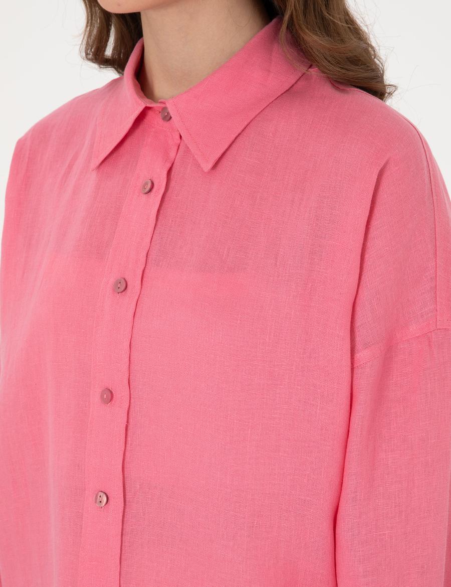 Pembe Oversize Uzun Kollu %100 Keten Gömlek