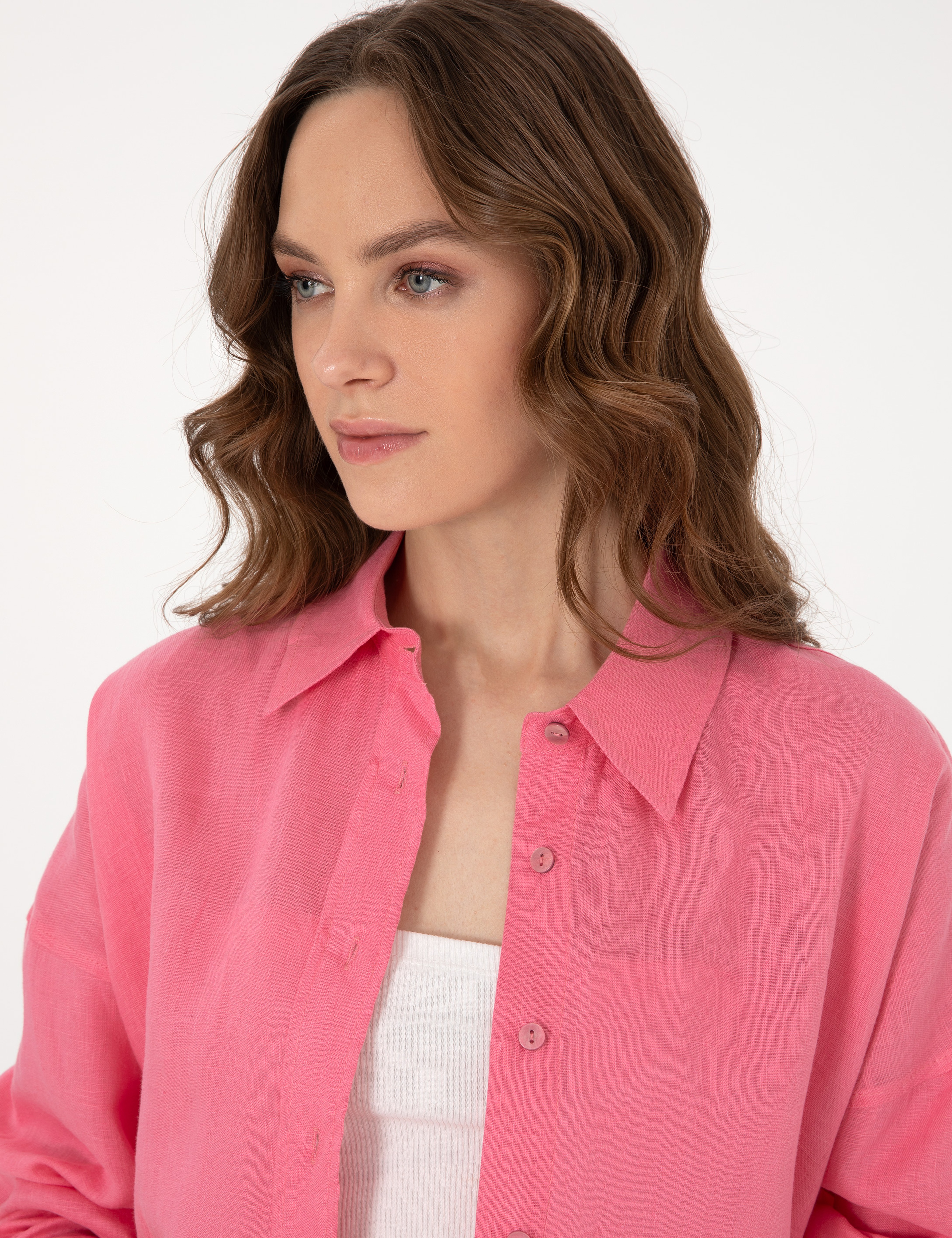 Pembe Oversize Uzun Kollu %100 Keten Gömlek - Image 2
