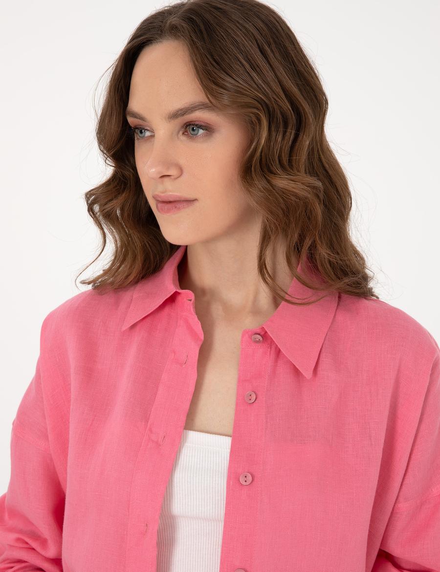 Pembe Oversize Uzun Kollu %100 Keten Gömlek