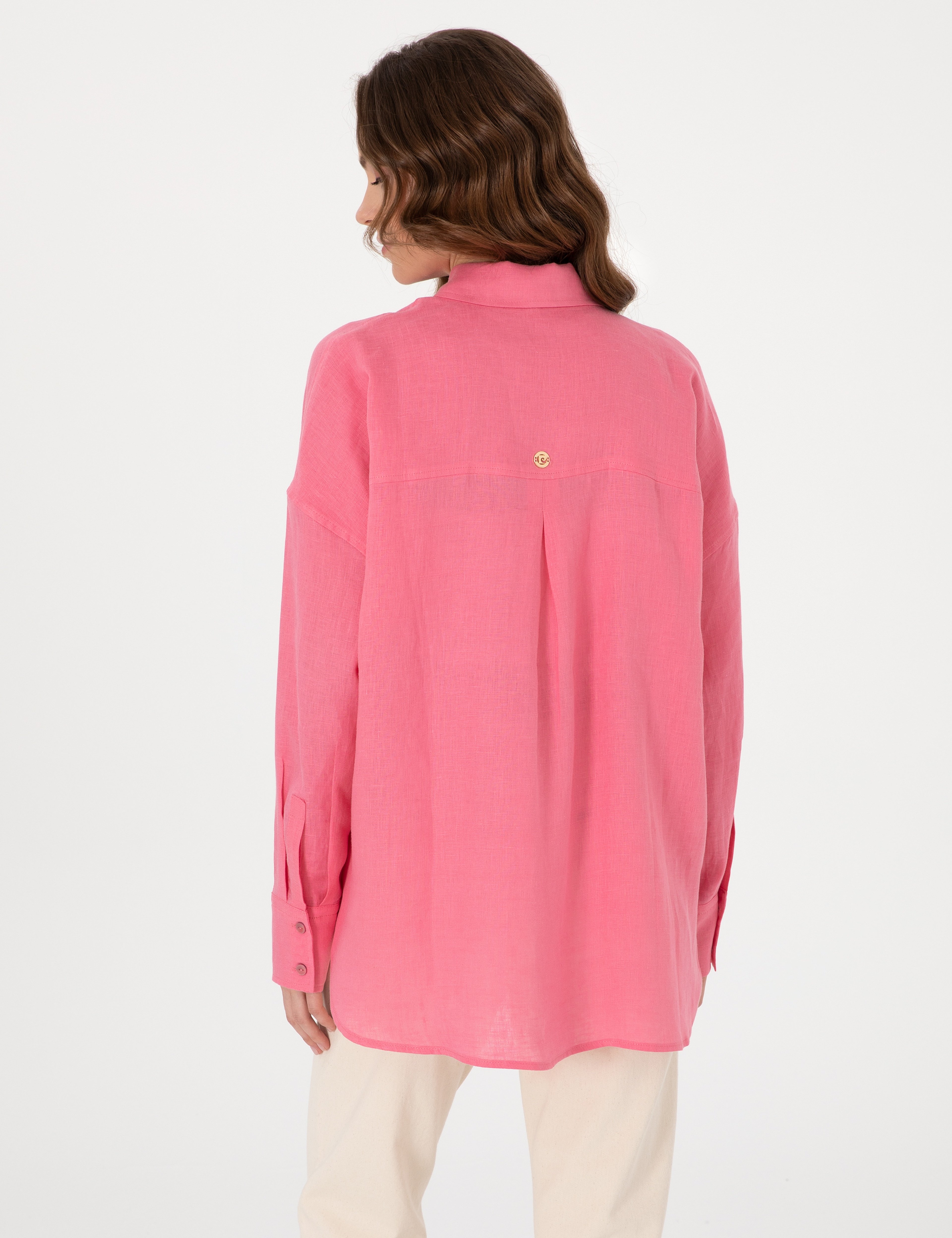 Pembe Oversize Uzun Kollu %100 Keten Gömlek