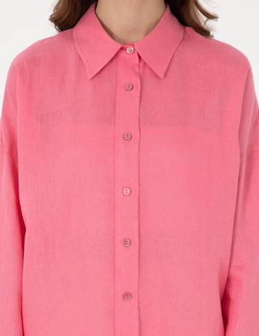 Pembe Oversize Uzun Kollu %100 Keten Gömlek