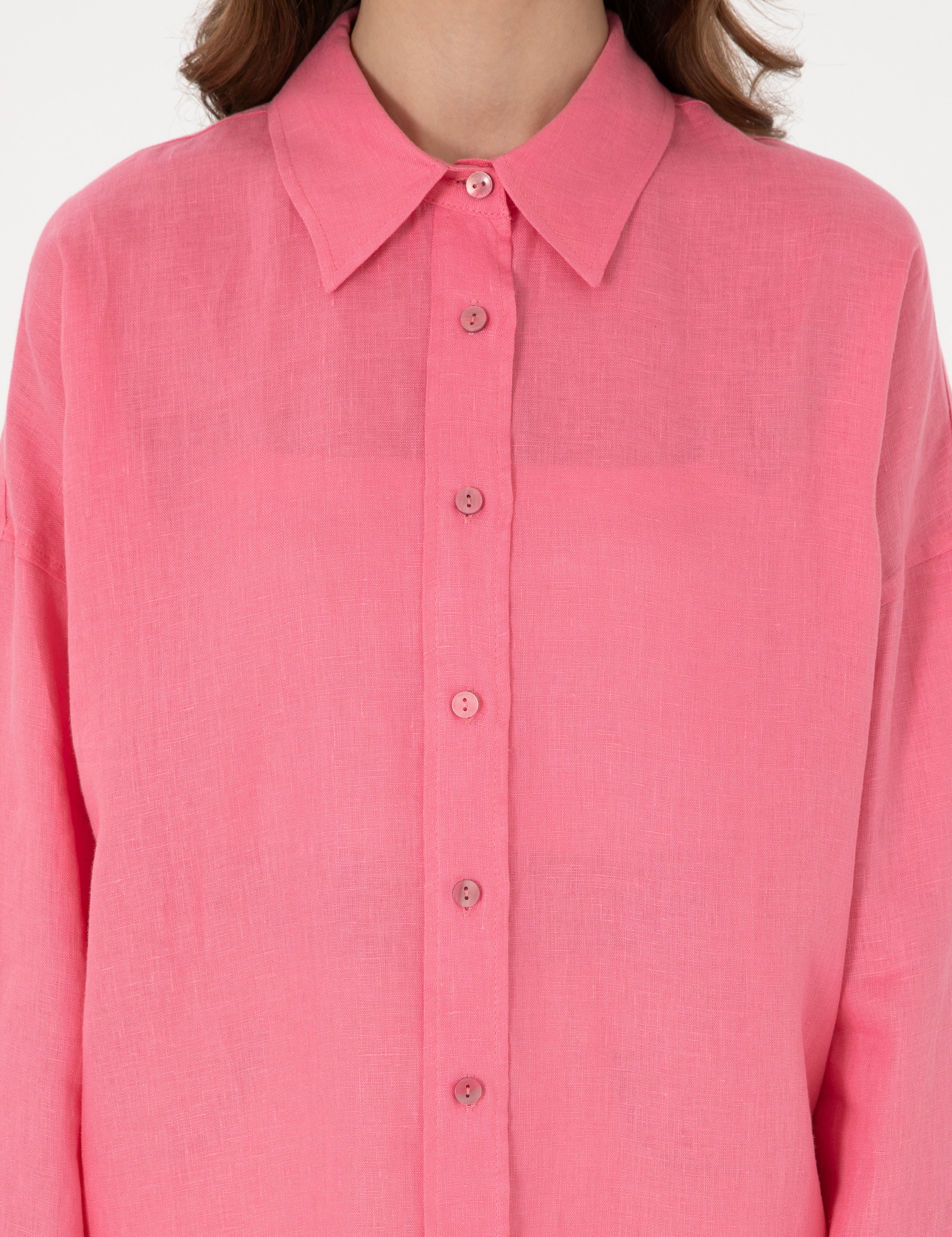Pembe Oversize Uzun Kollu %100 Keten Gömlek