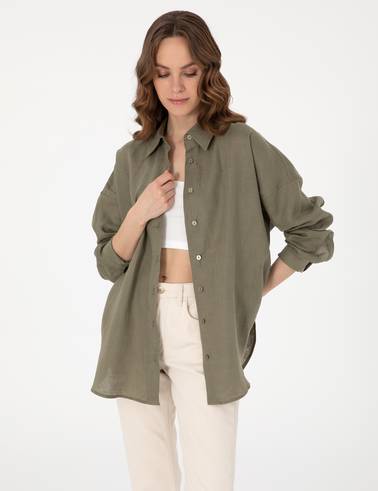 Haki Oversize Uzun Kollu %100 Keten Gömlek