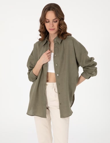 Haki Oversize Uzun Kollu %100 Keten Gömlek