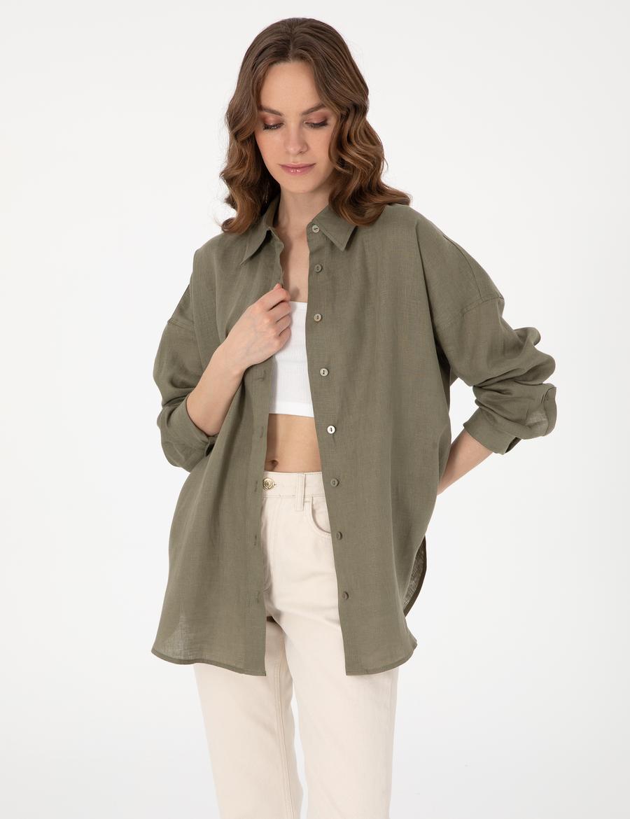 Haki Oversize Uzun Kollu %100 Keten Gömlek