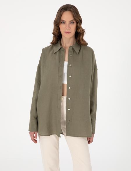 Haki Oversize Uzun Kollu %100 Keten Gömlek - 50301078001