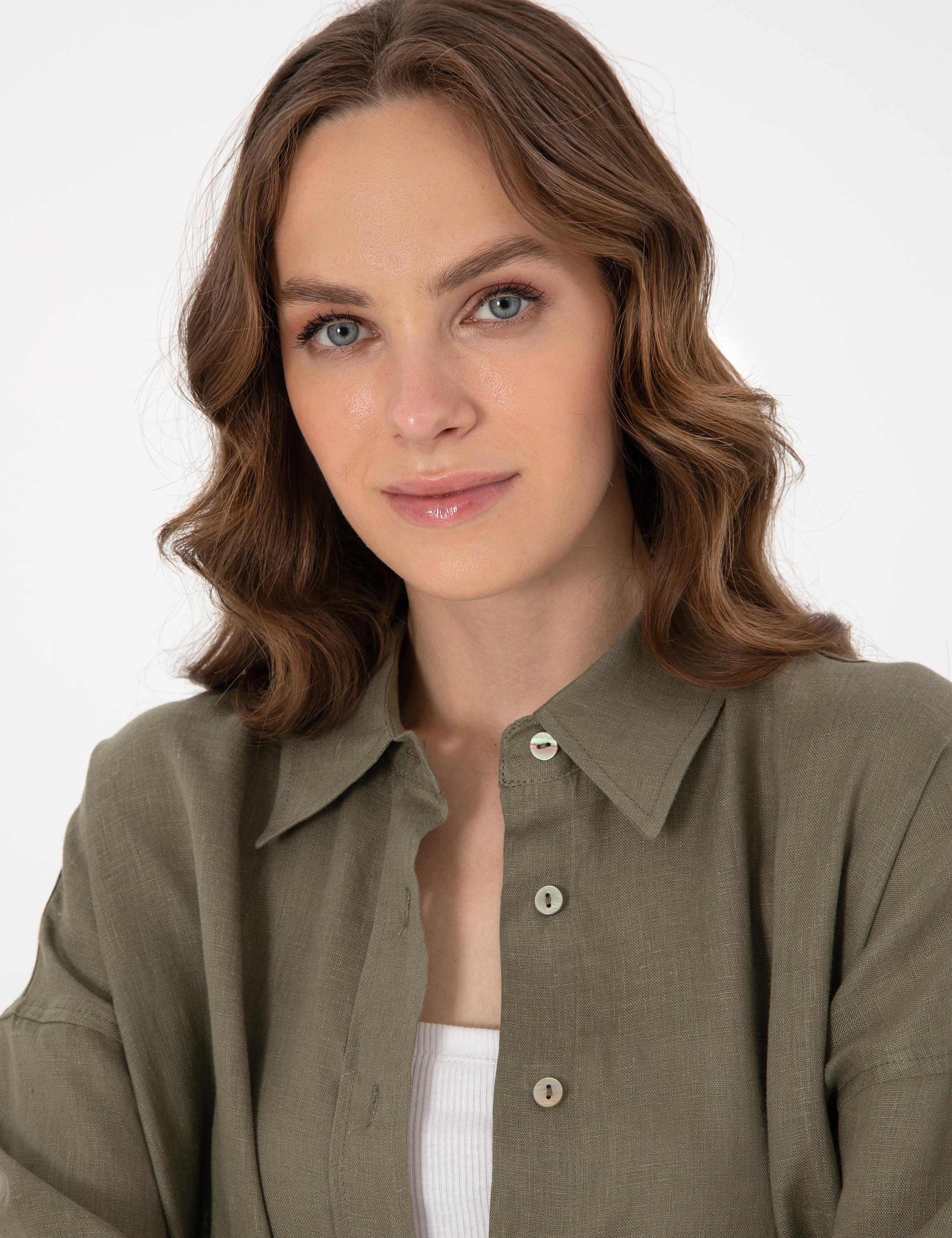 Haki Oversize Uzun Kollu %100 Keten Gömlek