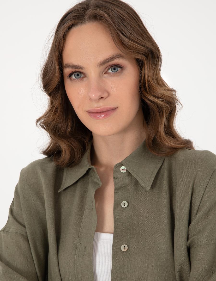 Haki Oversize Uzun Kollu %100 Keten Gömlek