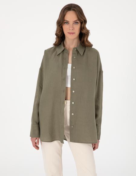 Haki Oversize Uzun Kollu %100 Keten Gömlek - 50301078001