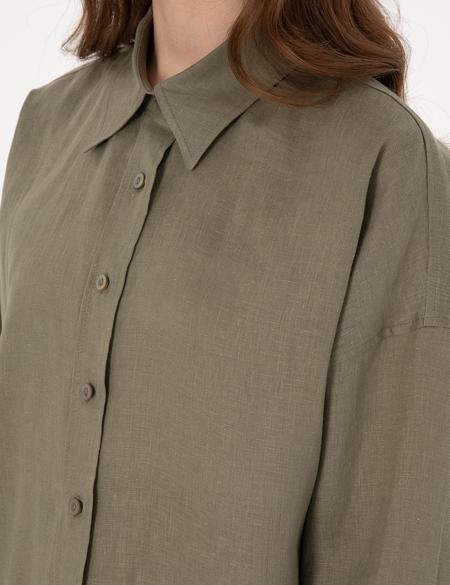 Haki Oversize Uzun Kollu %100 Keten Gömlek - 50301078001