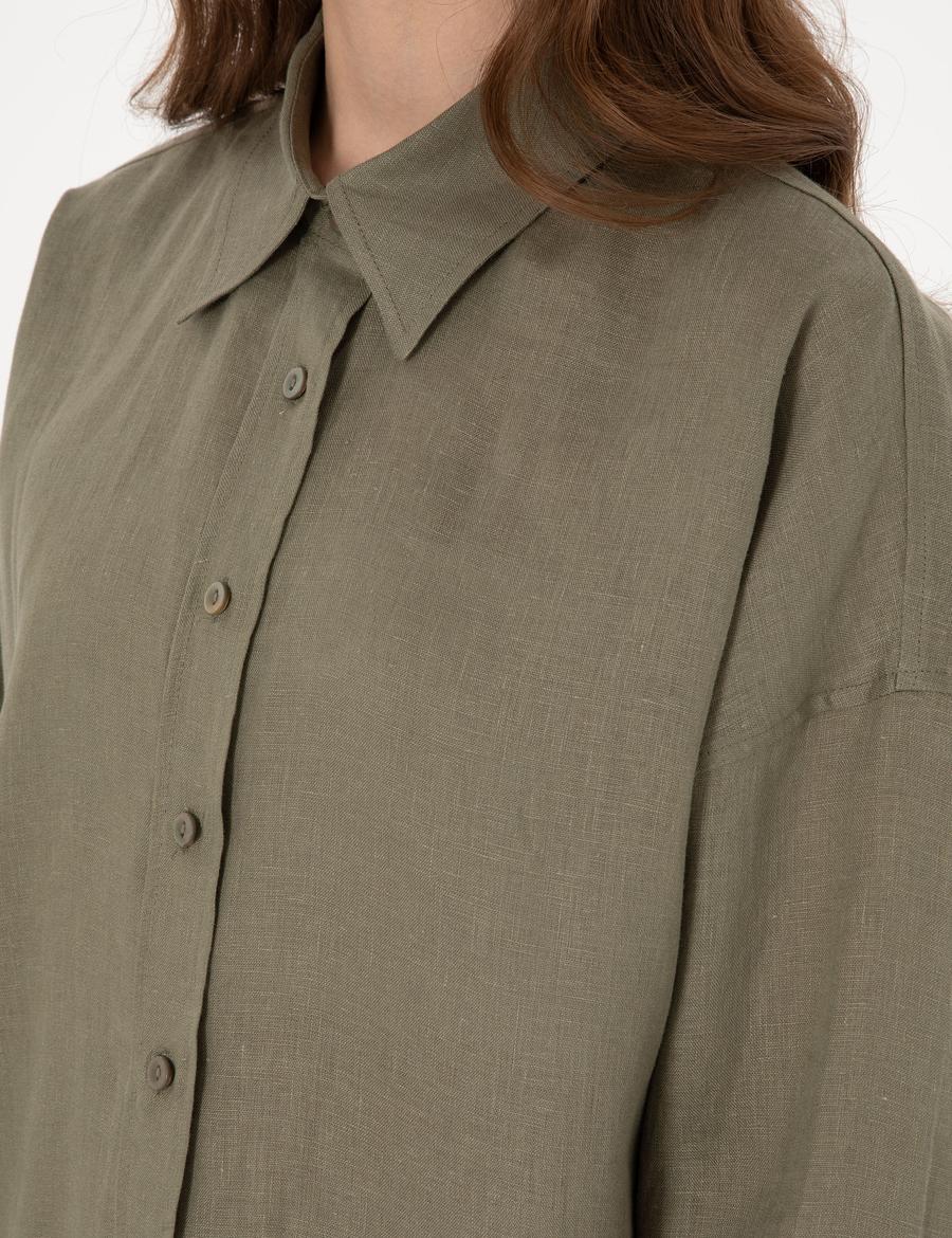 Haki Oversize Uzun Kollu %100 Keten Gömlek