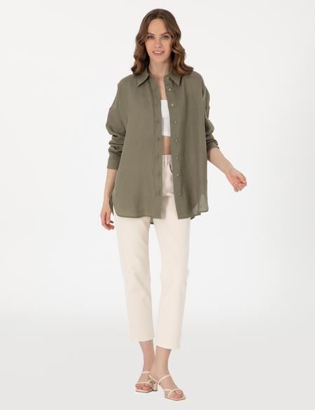 Haki Oversize Uzun Kollu %100 Keten Gömlek - 50301078001
