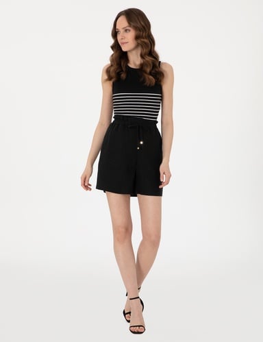 Siyah Comfort Fit Keten Bermuda Şort