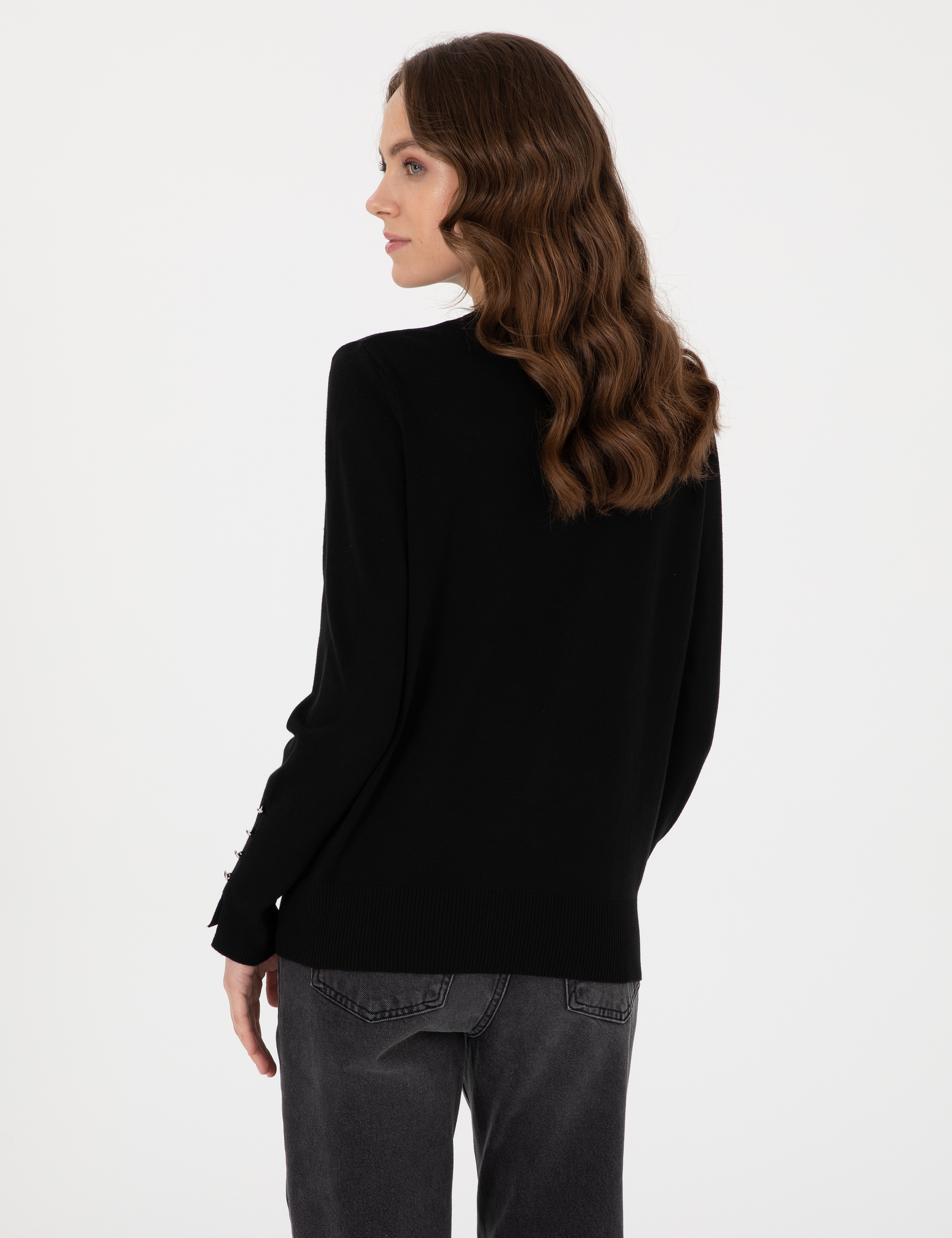 Siyah Slim Fit Bisiklet Yaka Basic Kazak
