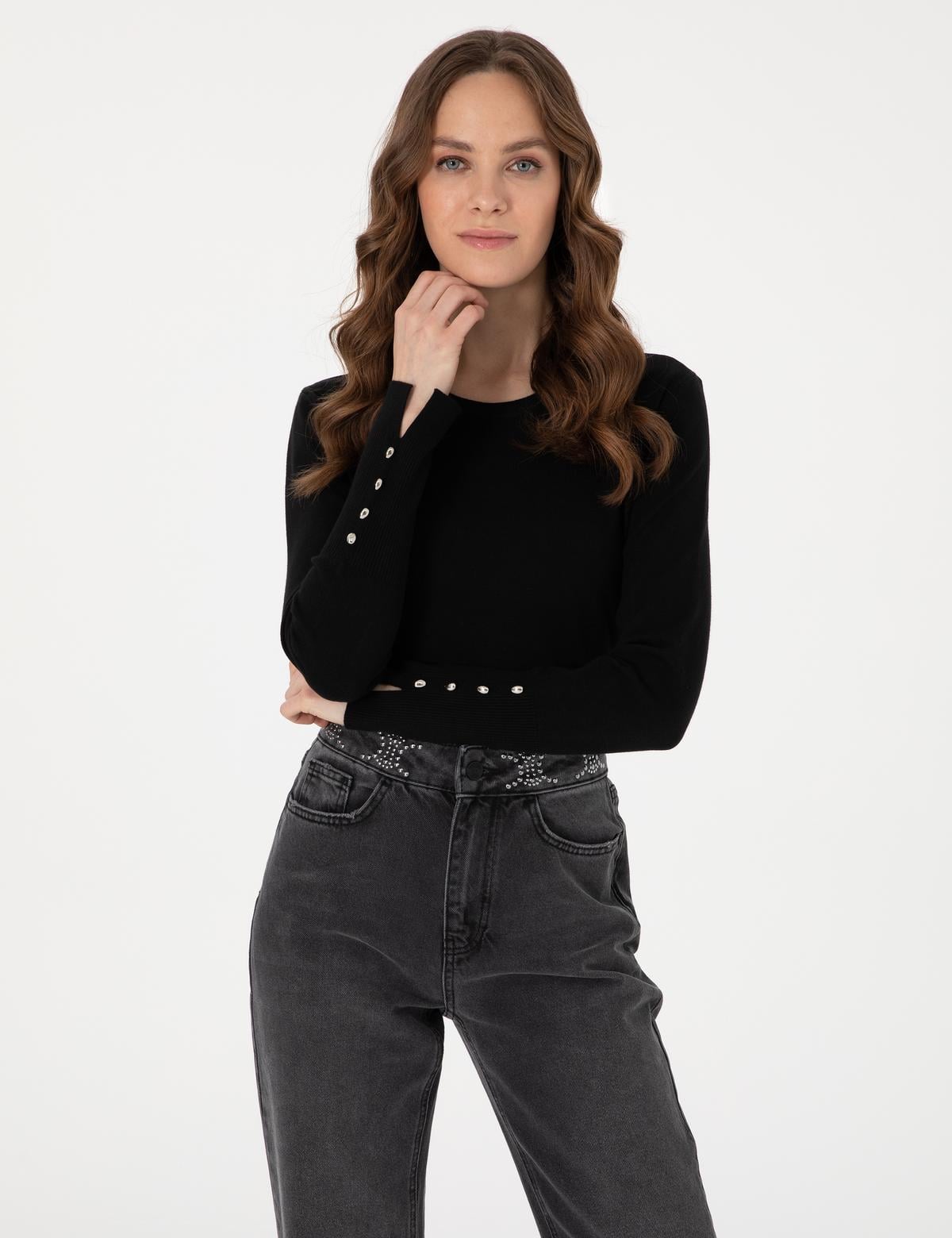 Siyah Slim Fit Bisiklet Yaka Basic Kazak - 50310735034