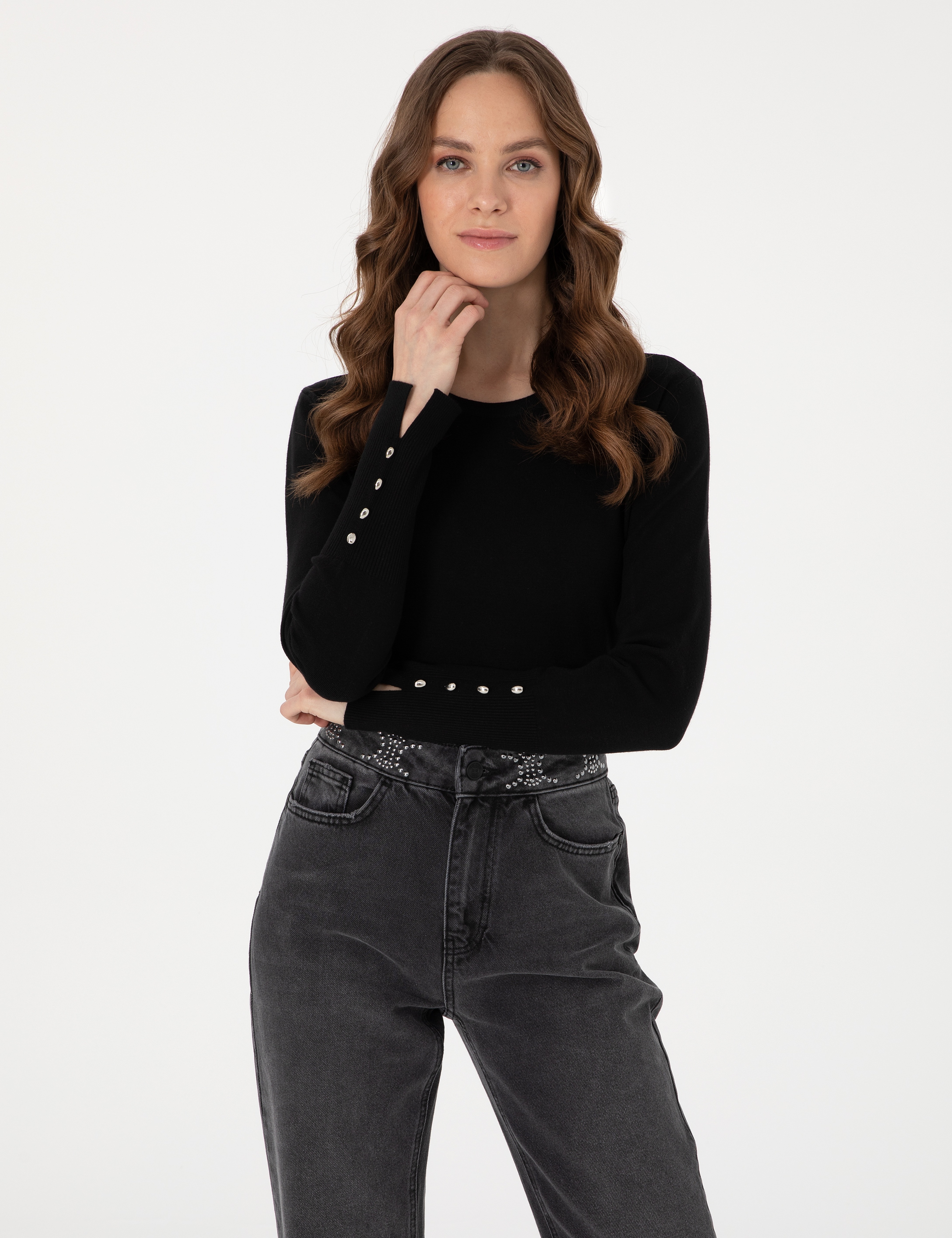 Siyah Slim Fit Bisiklet Yaka Basic Kazak - Image 3