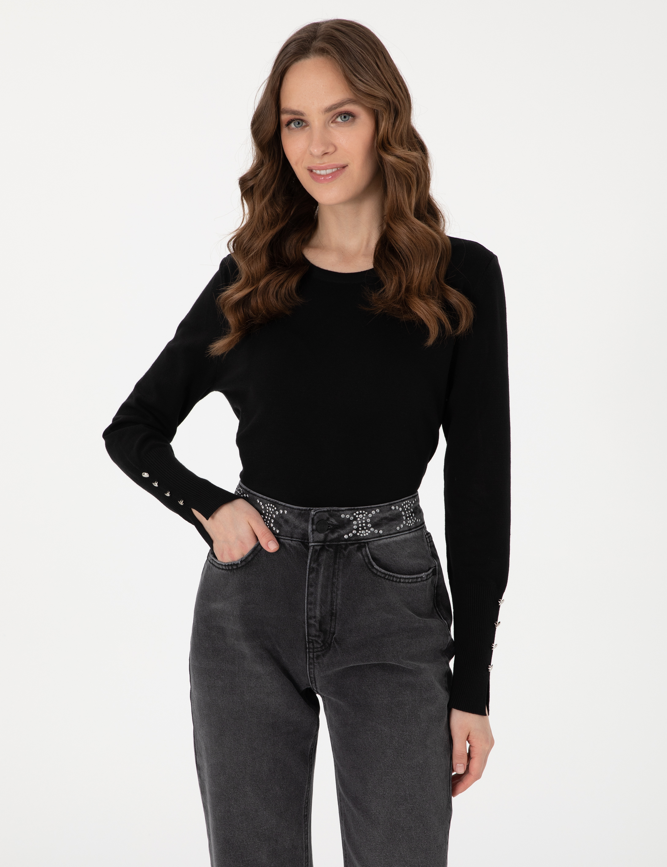 Siyah Slim Fit Bisiklet Yaka Basic Kazak