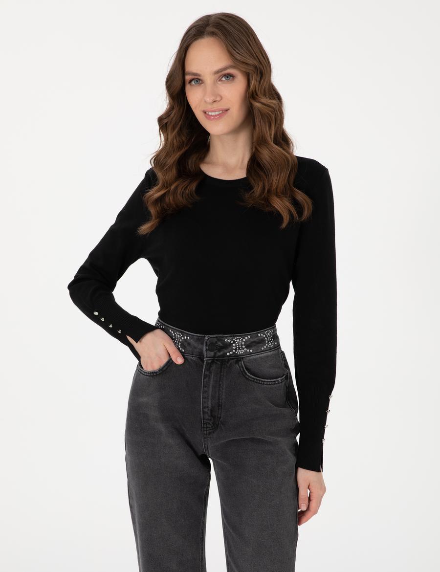 Siyah Slim Fit Bisiklet Yaka Basic Kazak