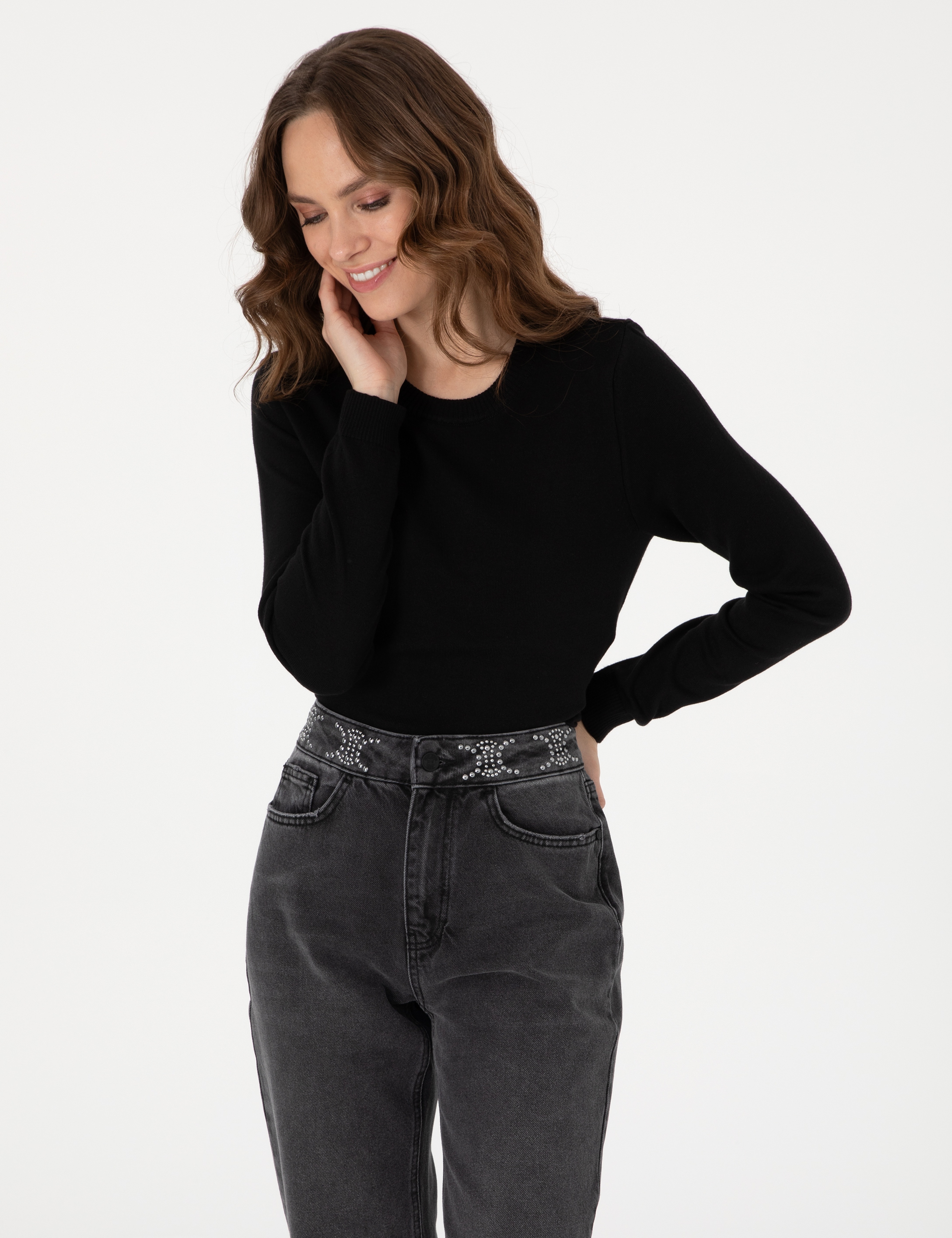 Siyah Slim Fit Bisiklet Yaka Basic Kazak - Image 3