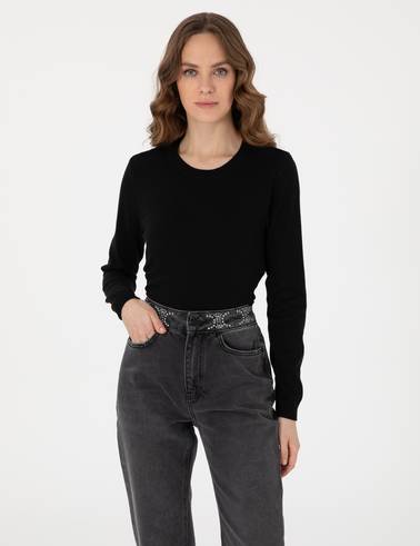 Siyah Slim Fit Bisiklet Yaka Basic Kazak