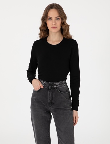 Siyah Slim Fit Bisiklet Yaka Basic Kazak