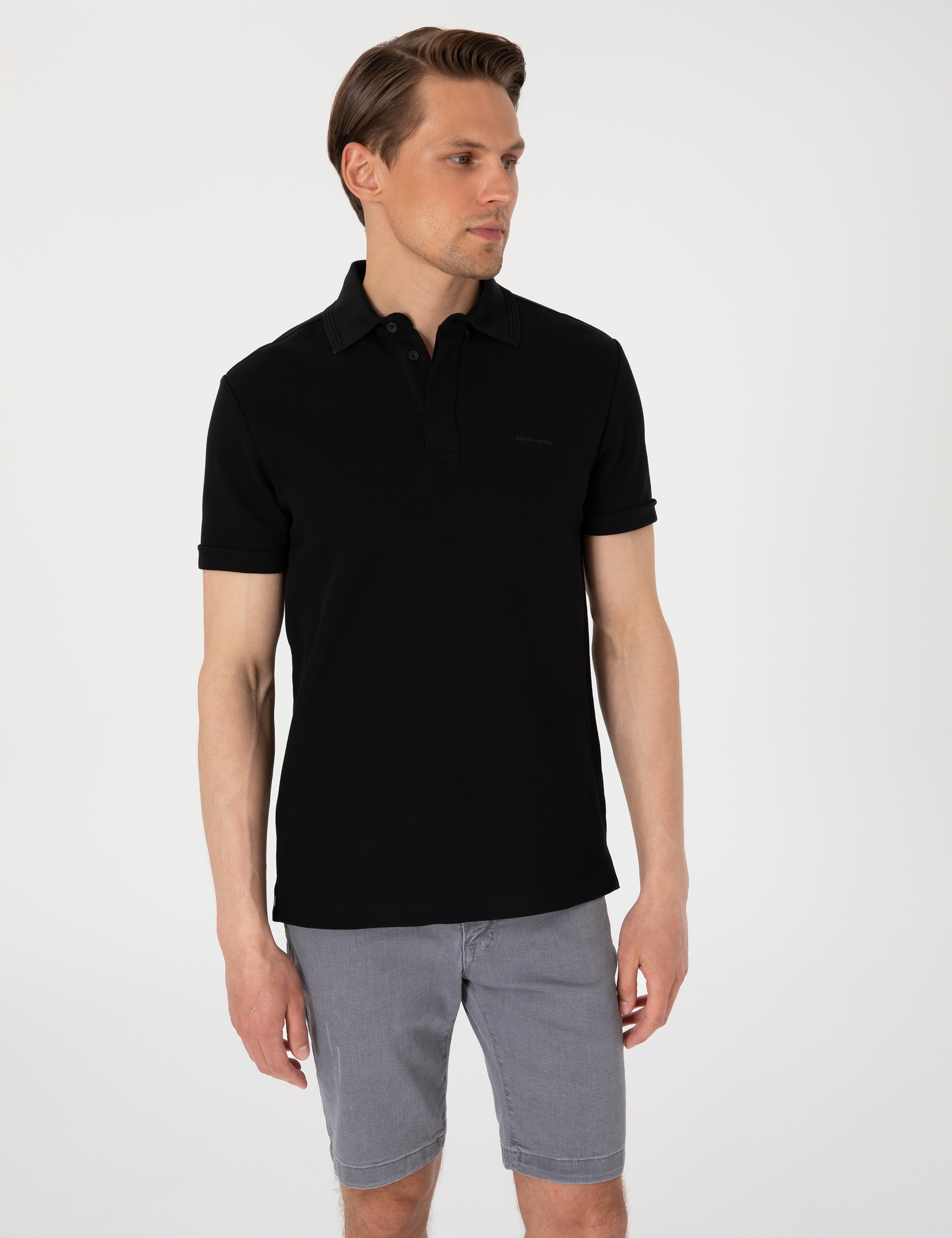 Siyah Slim Fit %100 Pamuk Kıvrılmaz Amerikan Pike Polo Yaka Basic Tişört