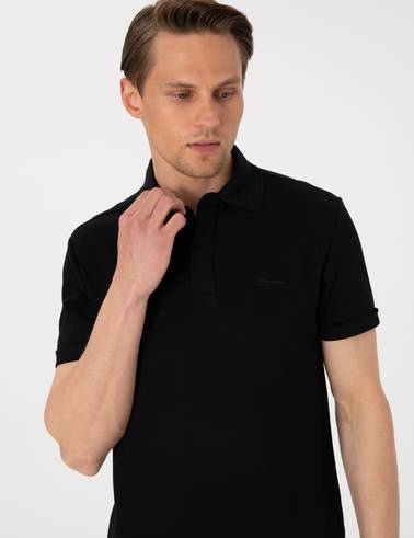 Siyah Slim Fit %100 Pamuk Kıvrılmaz Amerikan Pike Polo Yaka Basic Tişört