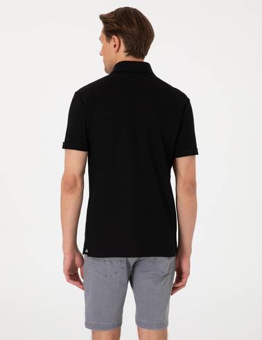 Siyah Slim Fit %100 Pamuk Kıvrılmaz Amerikan Pike Polo Yaka Basic Tişört