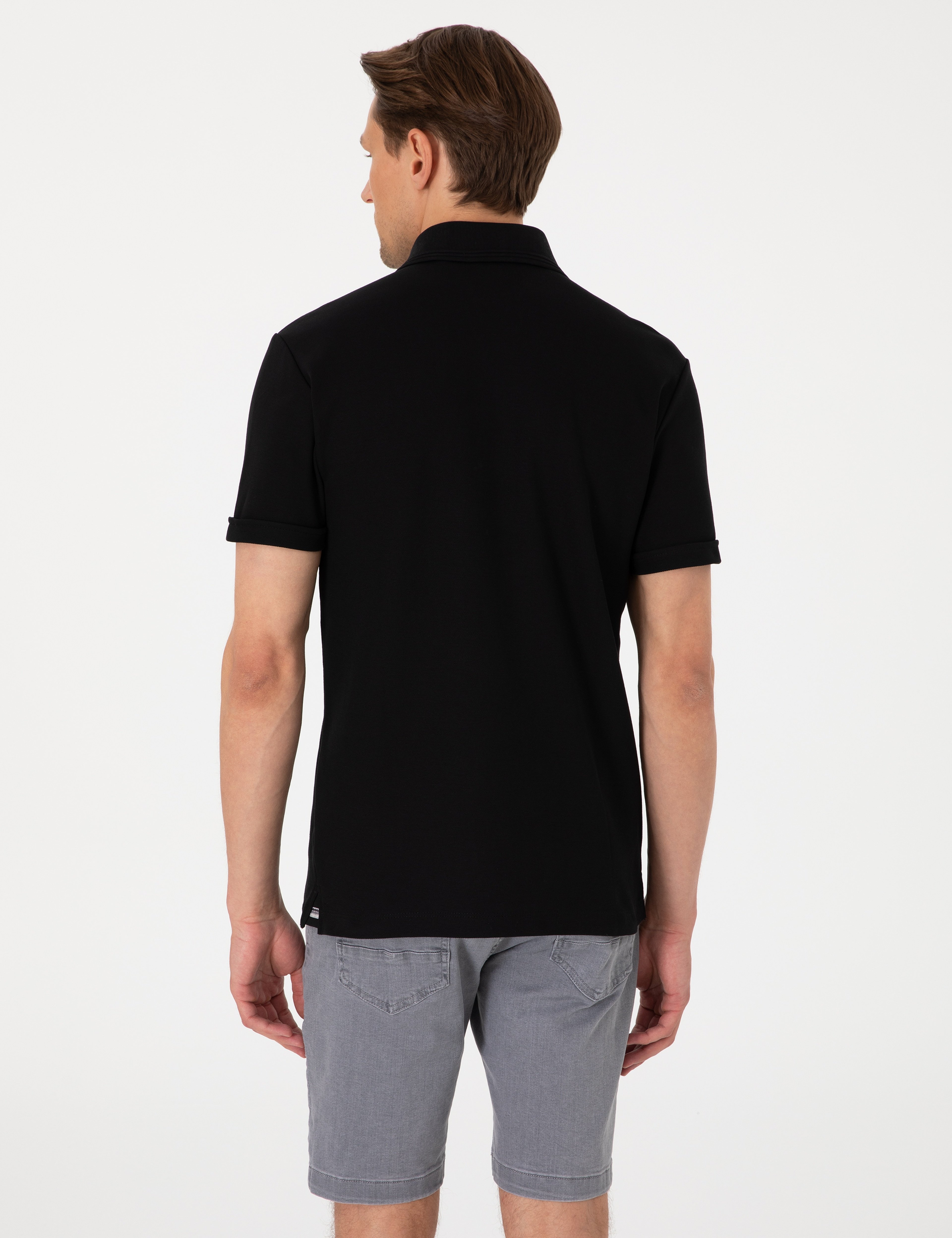 Siyah Slim Fit %100 Pamuk Kıvrılmaz Amerikan Pike Polo Yaka Basic Tişört