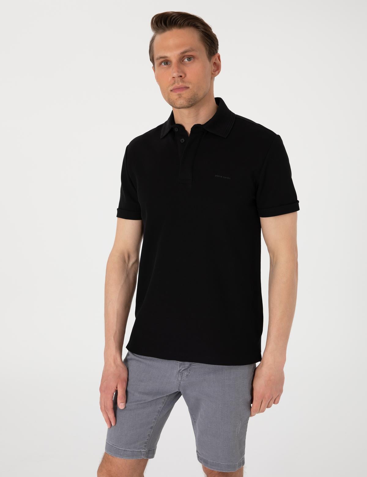 Siyah Slim Fit %100 Pamuk Kıvrılmaz Amerikan Pike Polo Yaka Basic Tişört