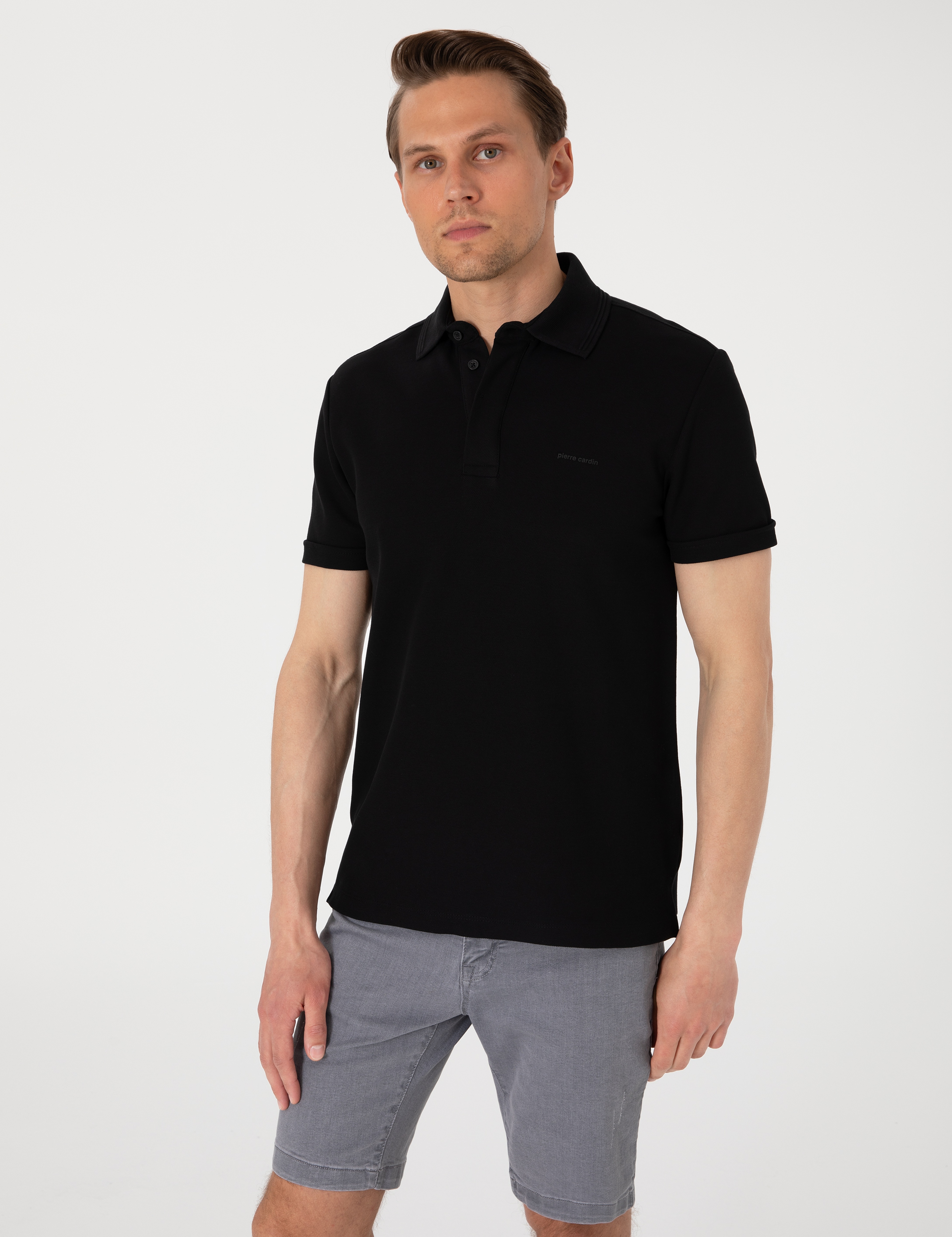 Siyah Slim Fit %100 Pamuk Kıvrılmaz Amerikan Pike Polo Yaka Basic Tişört - Image 1