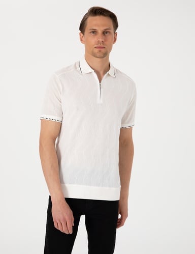 Beyaz Regular Fit %100 Pamuk Fermuarlı Polo Yaka Tişört